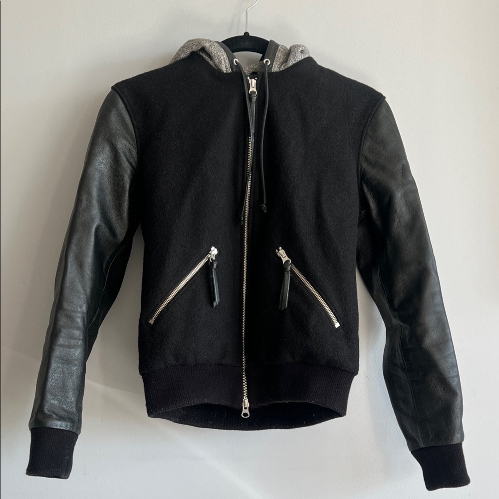 Roots Genuine Leather and Felted Wool Jacket with Gray Hood